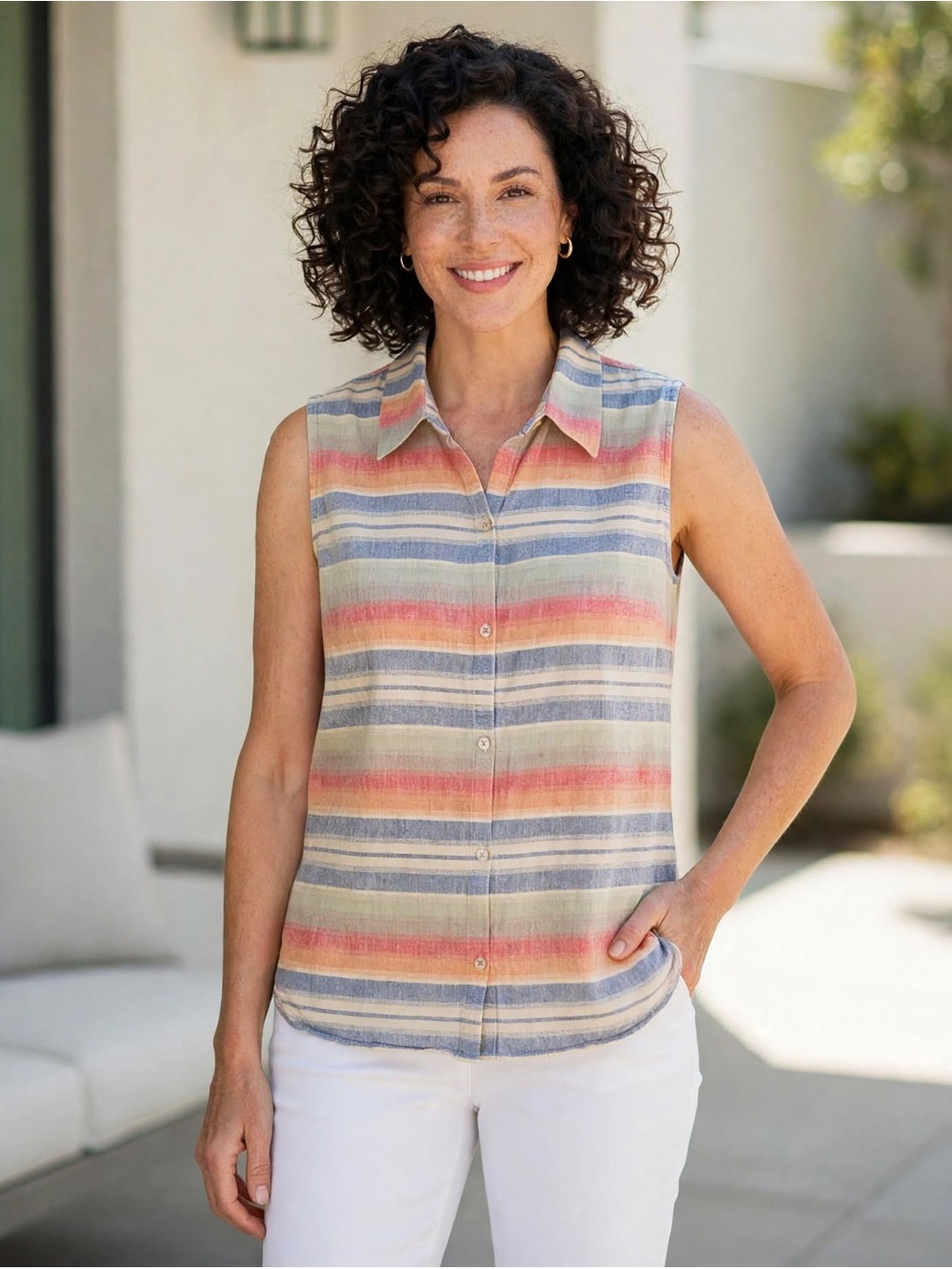 Christopher & Banks Sleeveless Button-Down Top in Coral, Blue & Cream